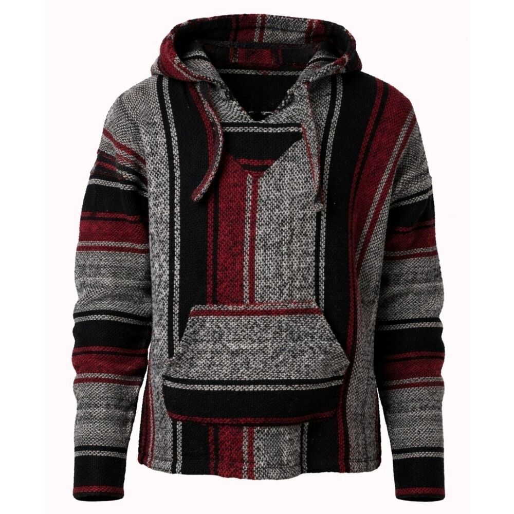 Megalopolis Baja Hoodie Mens M Black Red Striped Drug Rug Mexican Hippie Poncho